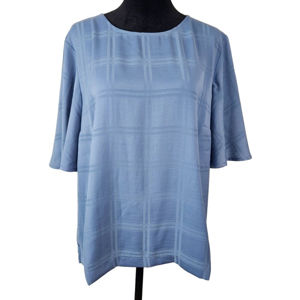 A New Day Womens Blue Plaid Blouse Button Back Closure Size Large Casual Career